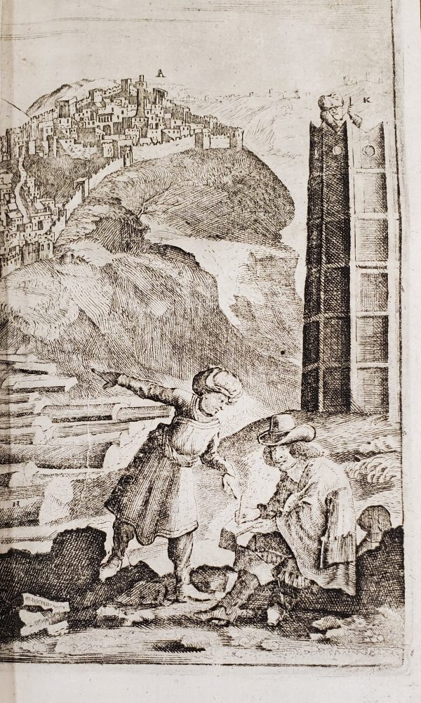 Seated man writing; standing man gesturing.