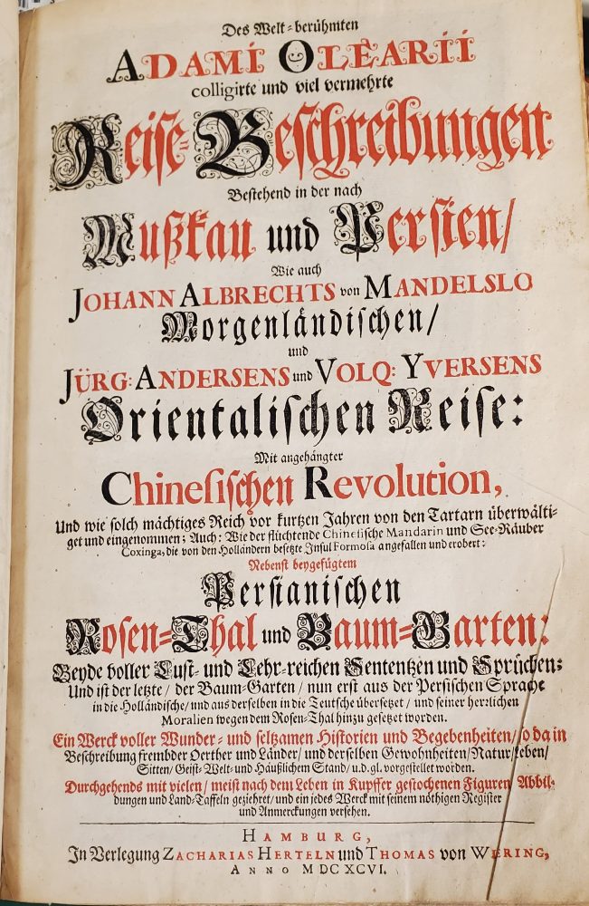 Title page, printed in red and black, of a later German edition of Olearius's travels, with additions.