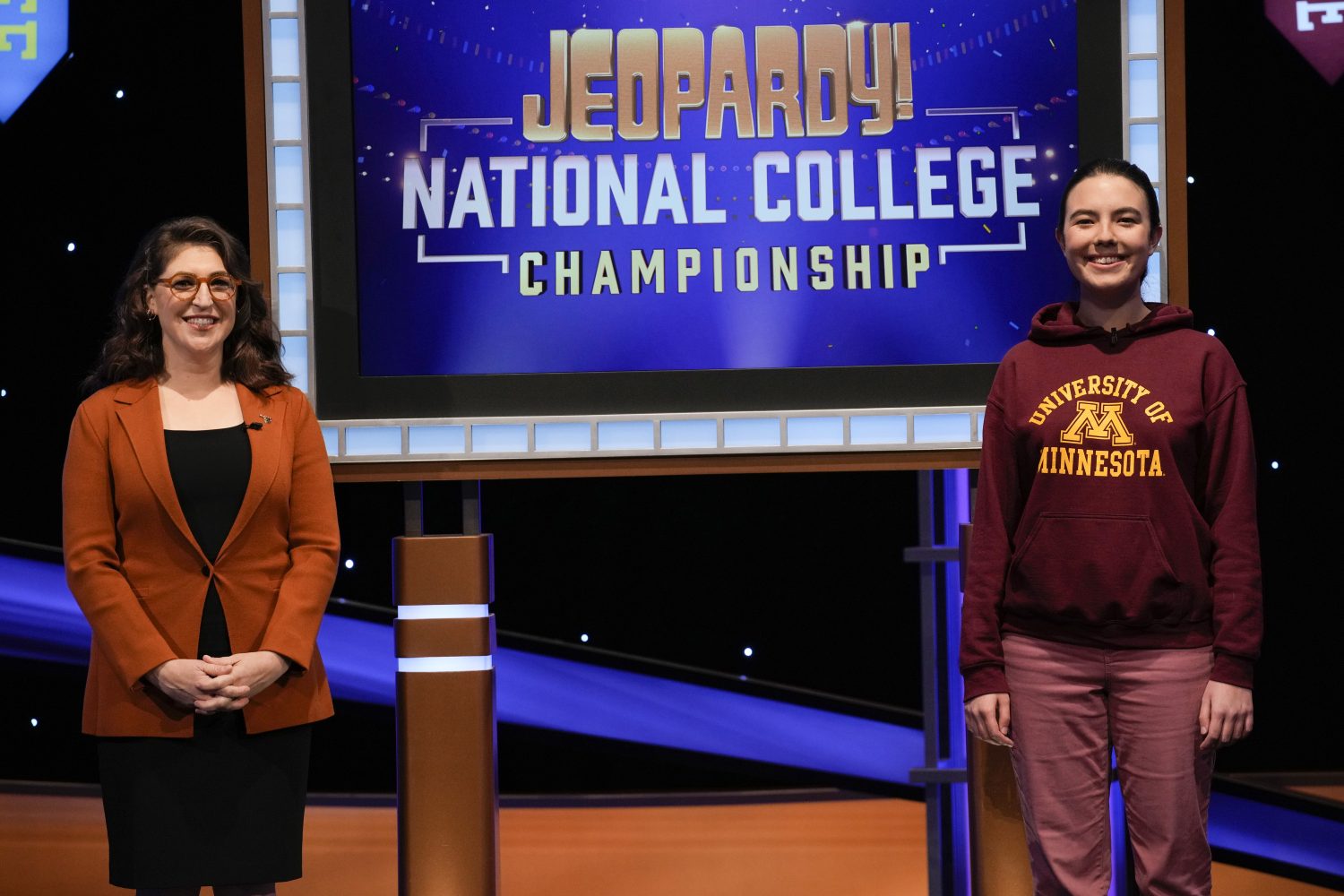 Emmey Harris and Mayim Bialik on the set of Jeopardy!