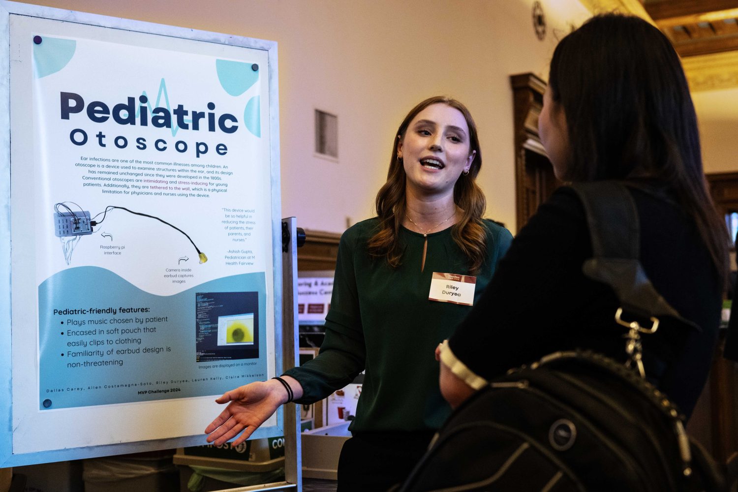 Riley Duryea presents her project, the Pediatric Otoscope, during the Minimum Viable Product Challenge for Founder's Day at Walter Library on Wednesday, May 8, 2024. (Photo/Adria Carpenter)