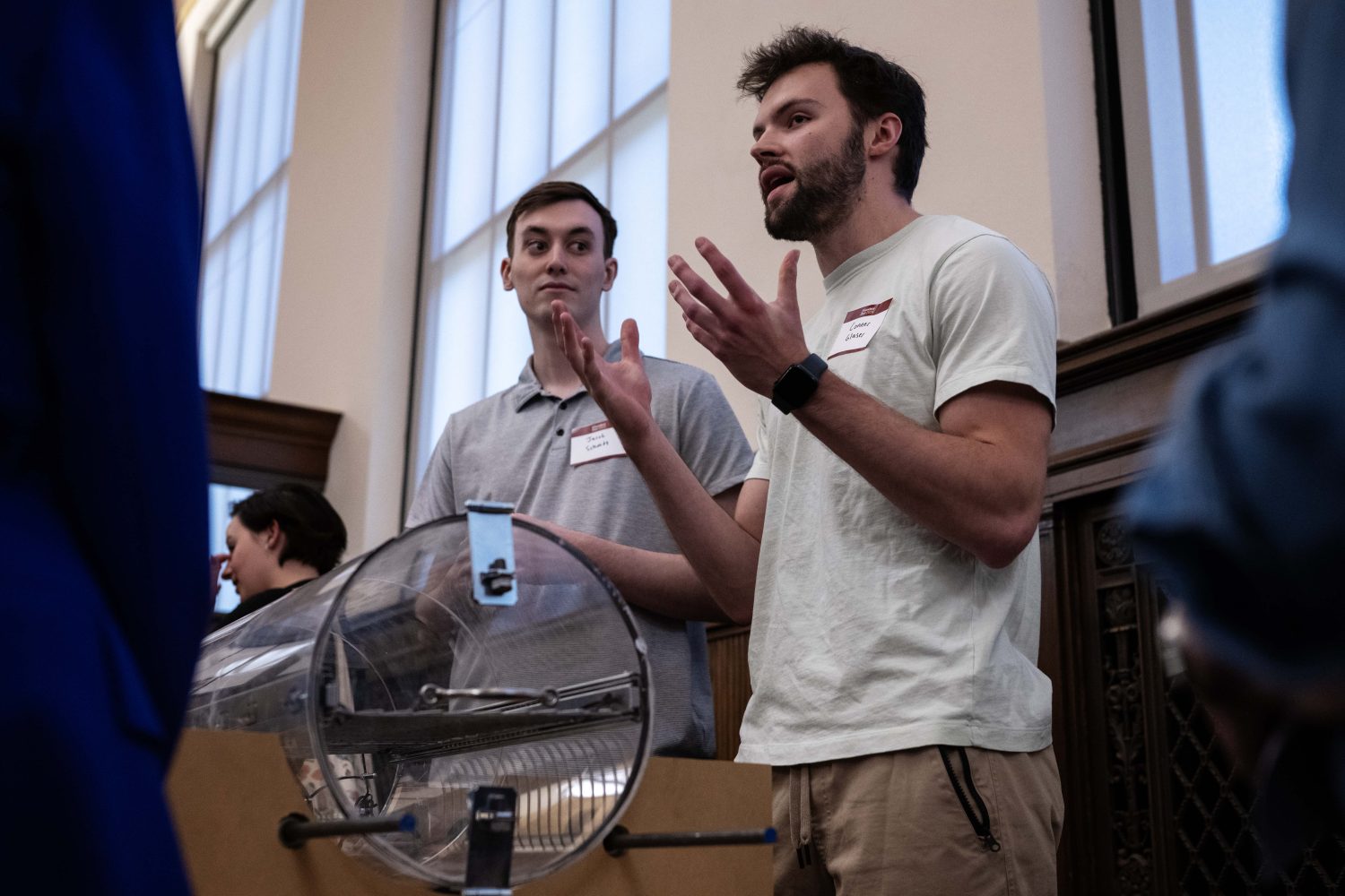Conner Glaser and Jacob Schmidt present Live On Minnesota, a human composting vessel that offers an enviornmentally friendly alternative to traditional burial and cremation, during the Minimum Viable Product Challenge for Founder's Day at Walter Library on Wednesday, May 8, 2024. Live On Minnesota won the Physical Division category. (Photo/Adria Carpenter)