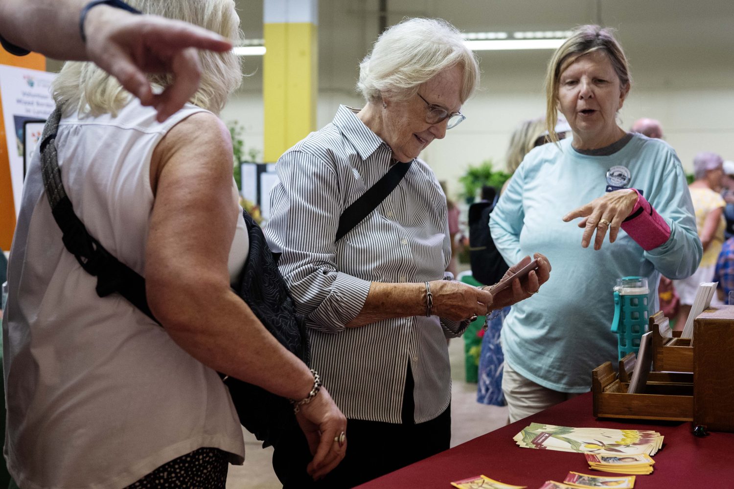 An attendee grabs a postcard at the Andersen Horticultural Library's booth at the Minnesota State Fair on Thursday, August 29, 2024. (Photo/Adria Carpenter)