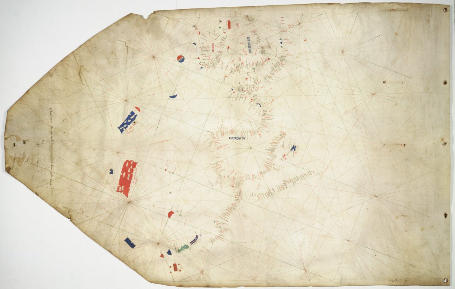 Map on oblong vellum, showing partially the coast of Europe and North Africa, with two islands shown in the ocean to the west, depicted in red and dark blue.