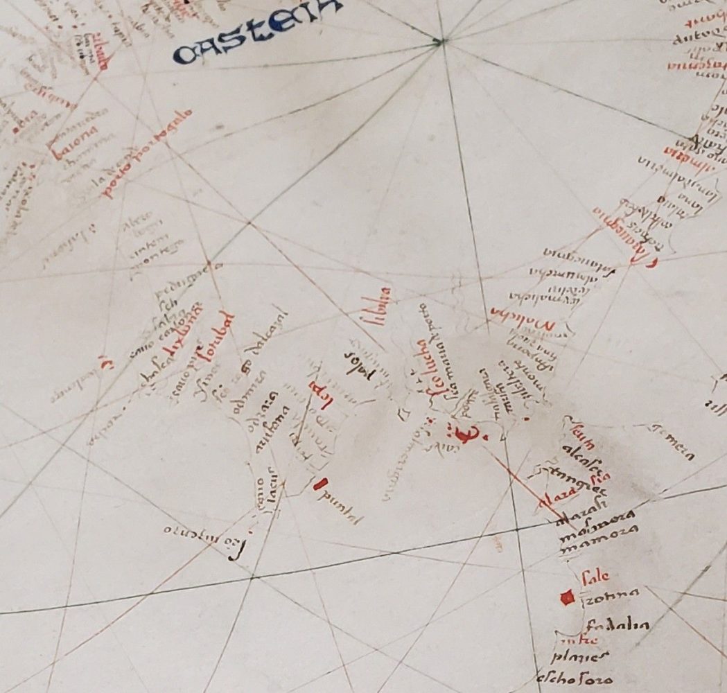 Close-up of the coast of Spain; red dots marking ports and rocks.