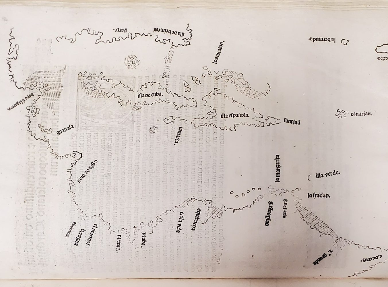 Early map showing the islands of Cuba and Hispaniola, with other land just sketched in.
