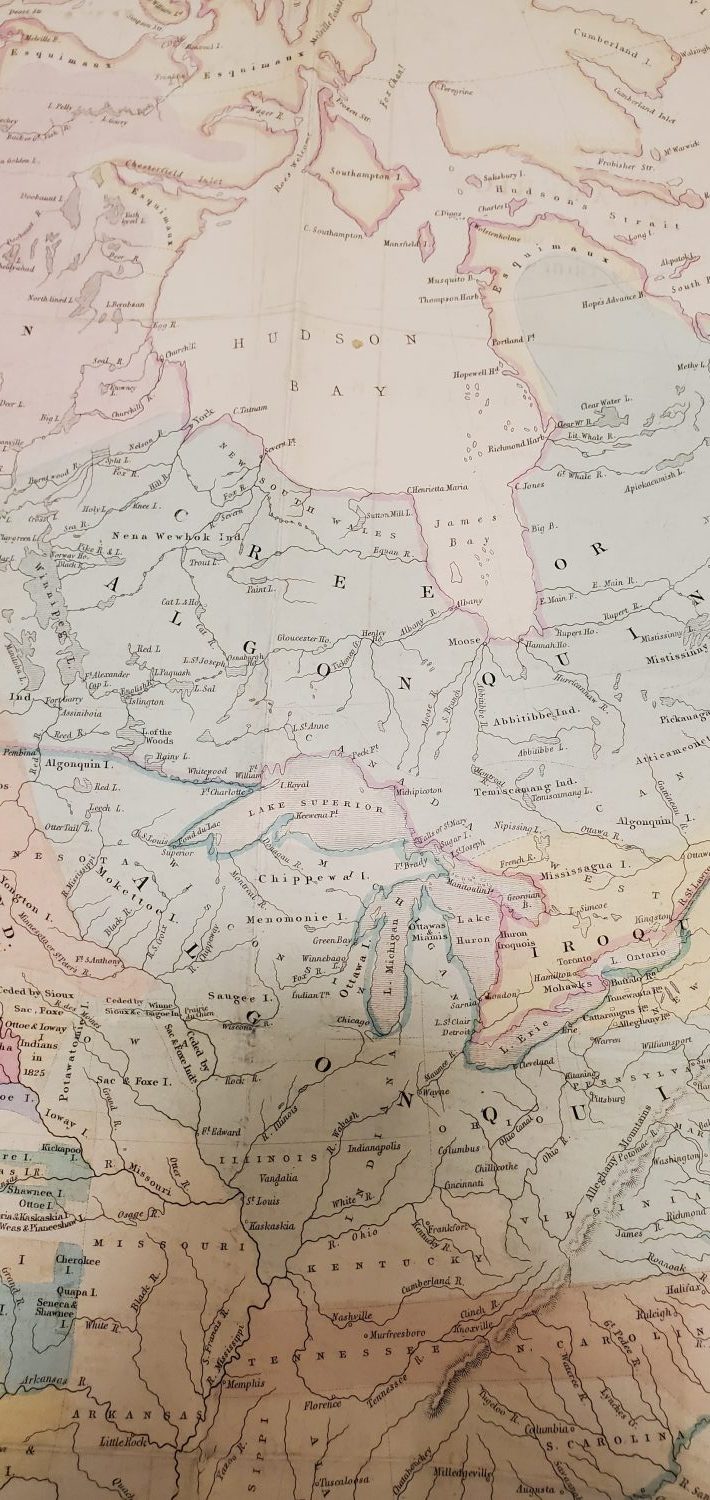 Close-up of hand-colored map.