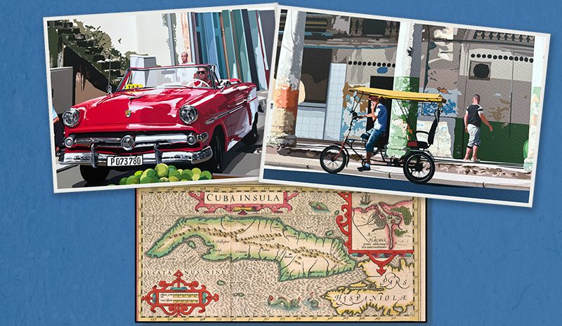 A classic car in Cuba, a bicycle with a shade to protect the rider from the sun, and an early modern map of the islands of Cuba and Hispaniola