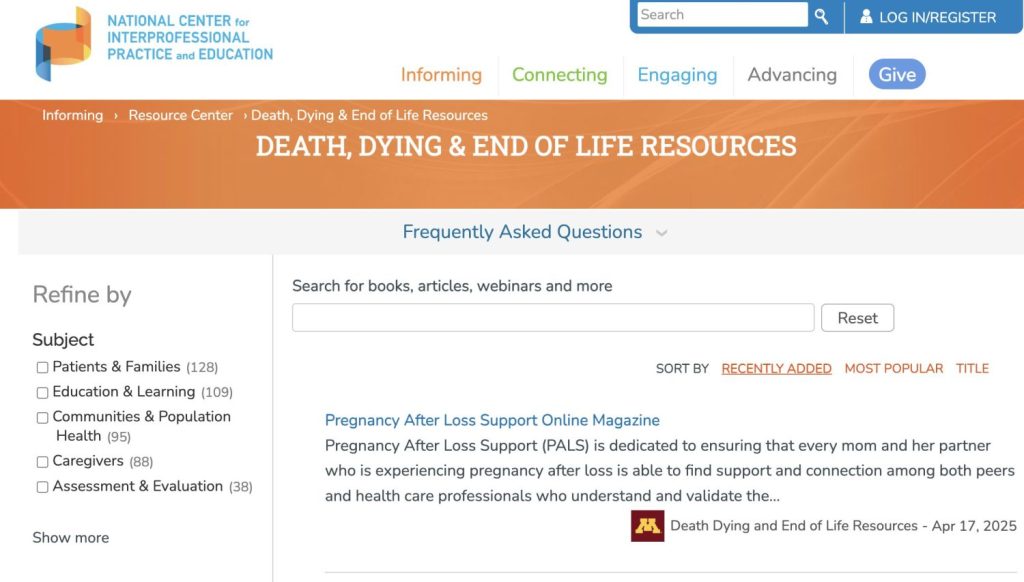 The homepage of the 'Death, Dying & End of Life Resources' site from the National Center for Interprofessional Practice and Education