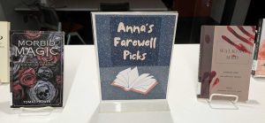 HSL's monthly book display, showing Anna's farewell picks from the stacks