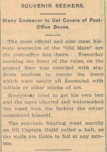 Image of a newspaper clipping of the article titled "Souvenir Seekers: Many Endeavor to Get Covers of Post-Office Boxes," from the September 27, 1904 issue of The Minnesota Daily student newspaper.