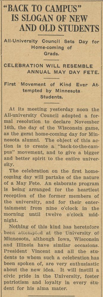 Image of a newspaper clipping of the article titled “‘Back to Campus’ is Slogan of New and Old Students” from the October 2, 1914 issue of The Minnesota Daily student newspaper.