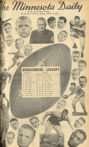 Image of the front cover of The Minnesota Daily, student newspaper at the University of Minnesota from Saturday, October 30, 1948. The cover includes the football lineup for the Homecoming game.