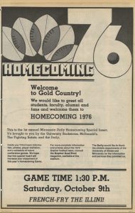 Image of the front cover of advertising supplement of The Minnesota Daily, student newspaper at the University of Minnesota from October 8, 1976. Cover includes information on the supplement and the Homecoming football game.