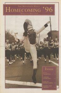 Image of the Homecoming section of The Minnesota Daily, student newspaper at the University of Minnesota from Saturday, October 14, 1996. Cover includes an image of the marching band during the Homecoming parade.