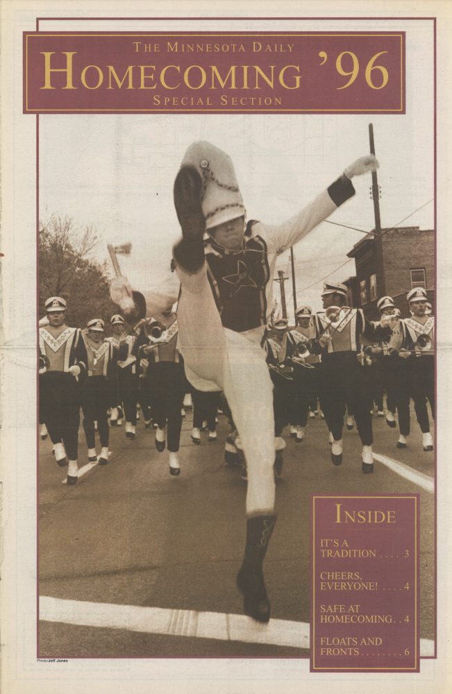 Image of the Homecoming section of The Minnesota Daily, student newspaper at the University of Minnesota from Saturday, October 14, 1996. Cover includes an image of the marching band during the Homecoming parade.