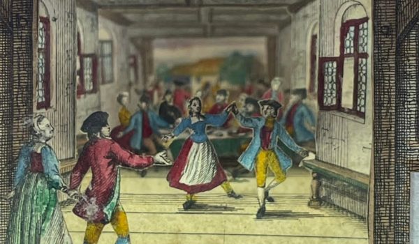 Richly colored book depicting individuals socializing in a great hall from the 1800s.