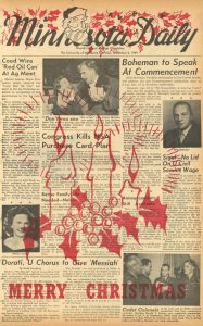Cover of the issue for the Holiday Issue from December 8, 1949. The cover includes the articles with a red overlay of three candles and the text, “Merry Christmas” at the bottom. Additional holly and a Santa Claus is overlaying the masthead.