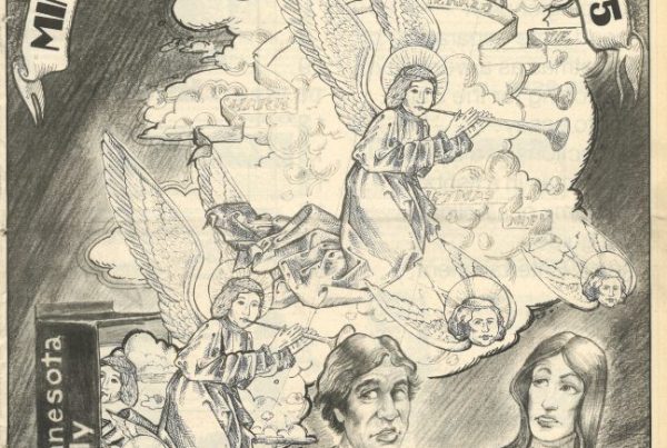 Cover of the issue for the Holiday Issue in December 1975. The cover includes two students with a looming mass of angels playing musical instruments coming out of a The Minnesota Daily distribution box.