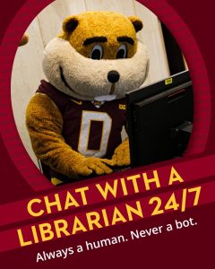 Graphic featuring Goldy Gopher at a computer with text that reads "Chat with a Librarian 24/7 Always a human. Never a bot"