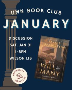 Dark blue background with an ancient column with the cover of The Will of the Many.