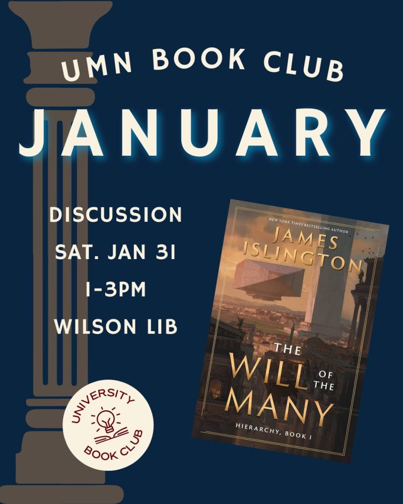 Dark blue background with an ancient column with the cover of The Will of the Many.