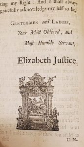 Author's name: Elizabeth Justice, printed, with stylized woodcut image.