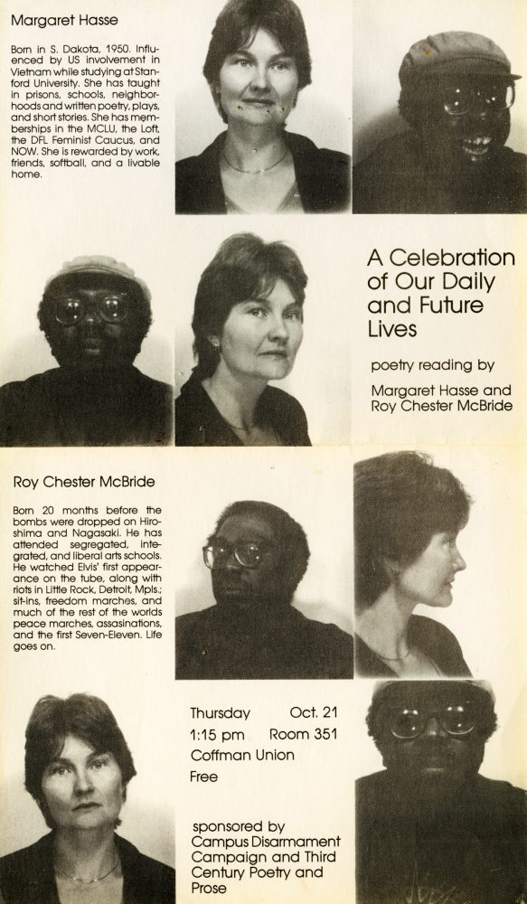 A poster for a reading with Margaret Hasse and Roy Chester McBride. Courtesy of the Upper Midwest Literary Archives