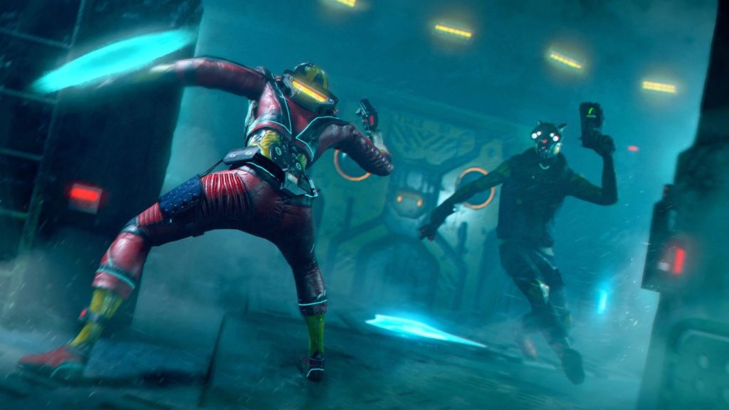 Screenshot of the video game Space Pirate Trainer, in which two people in space suits brandish futuristic guns at each other.