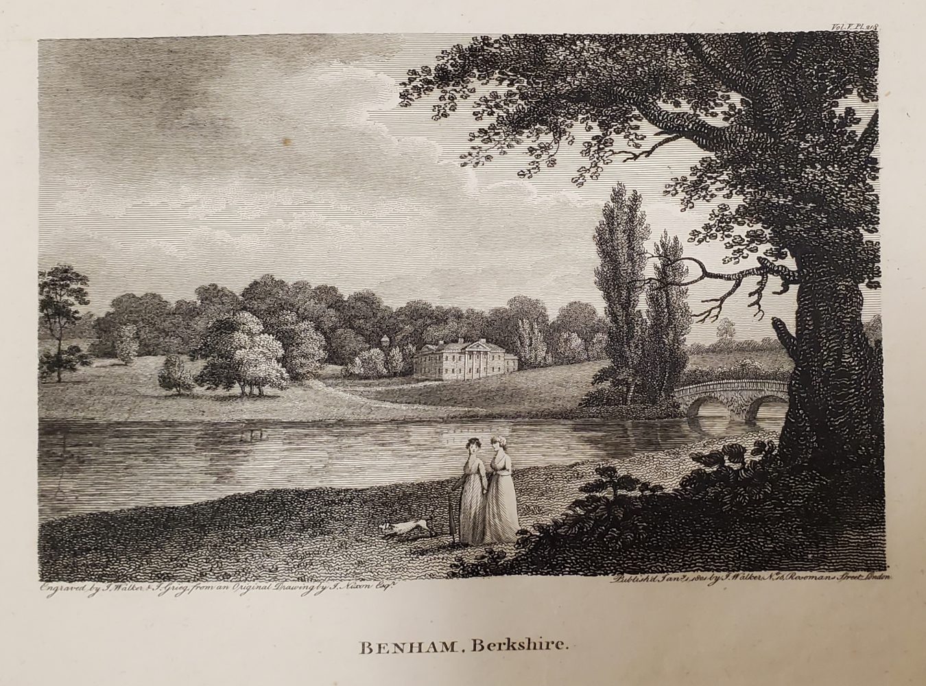 Engraved image of a English country house with a lake and two women walking in the foreground.