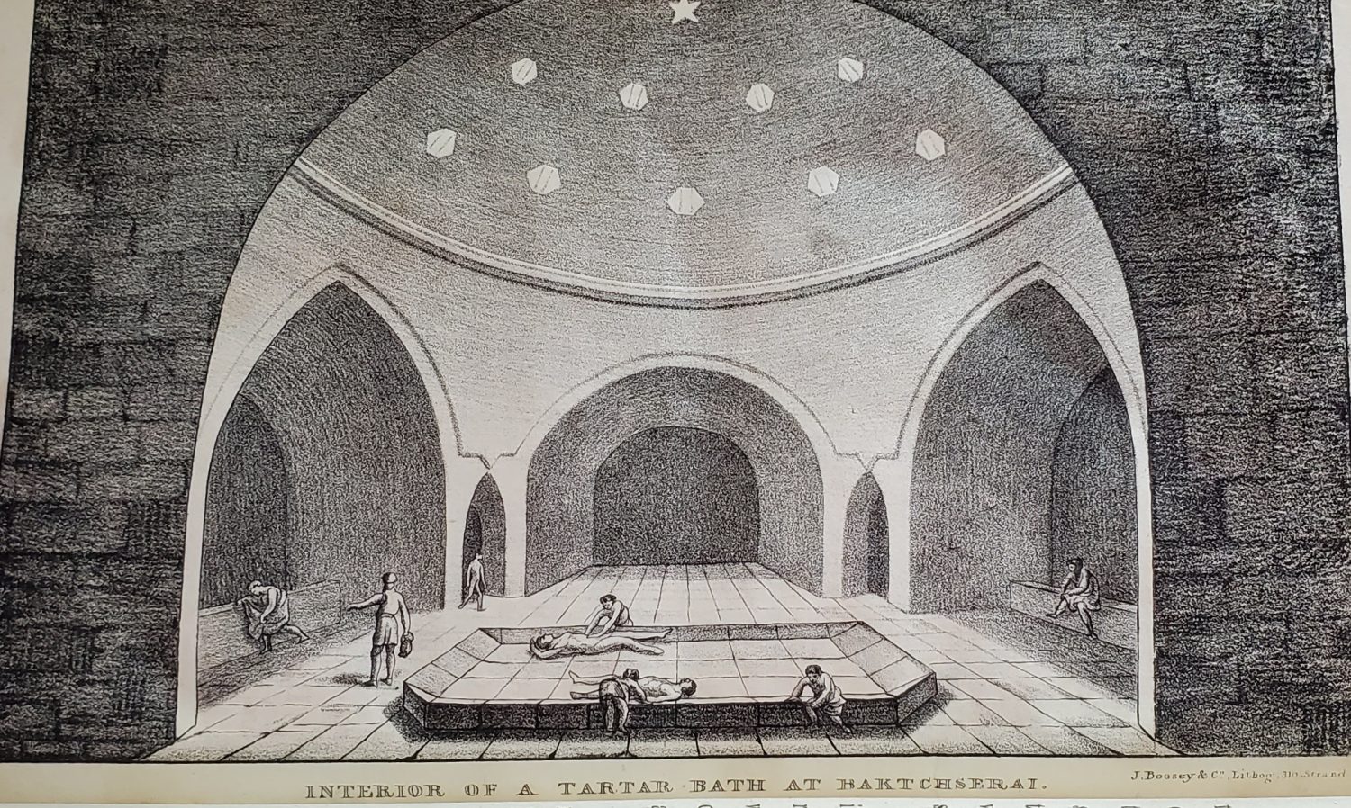 Engraving showing interior of a large domed room, with small figures of people relaxing.