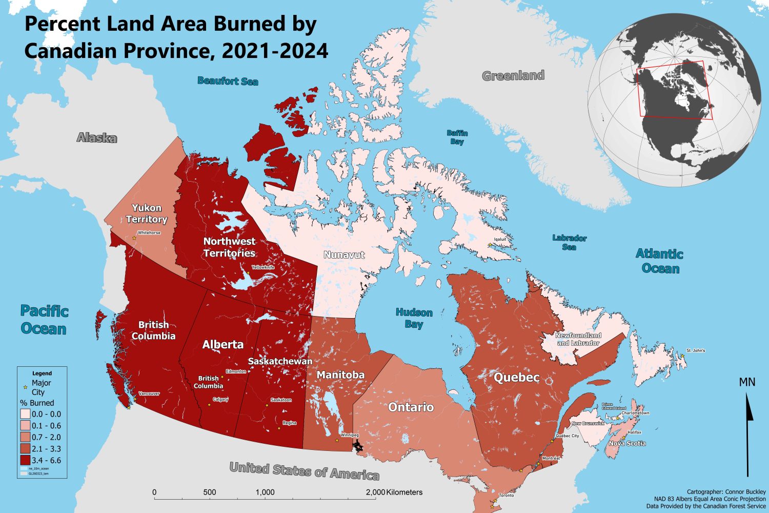 A map entitled "Percent Land Area Burned by Canadian Province. 2021-2024" by Connor Buckley at the University of Minnesota.