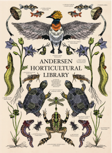 Decorative poster with illustrations of birds, fish, frogs, turtles, and more with text "Andersen Horticultural Library"