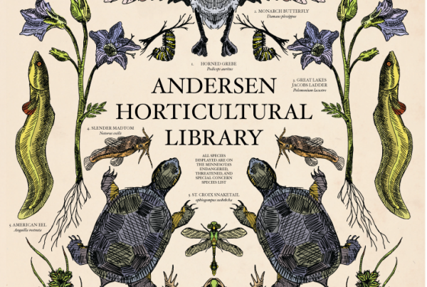Decorative poster with illustrations of birds, fish, frogs, turtles, and more with text "Andersen Horticultural Library"