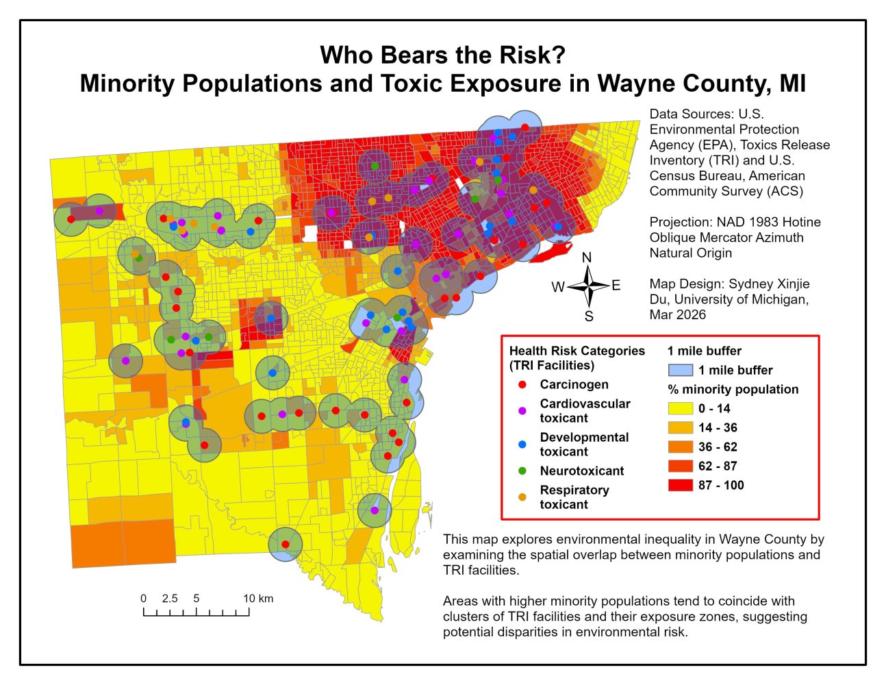 A map entitled "Who Bears the Risk? Minority Populations and Toxic Exposure in Wayne County, MI" by Sydney Xinjie Du at the University of Michigan.