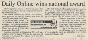 Image of the clipping, "Daily Online wins national award" by Kris Henry, published in the May 2, 1996 issue of The Minnesota Daily. At the center of the image is a graphic of a computer with the text, "Point your browser to http://www.daily.umn.edu for The Minnesota Daily's Web site."
