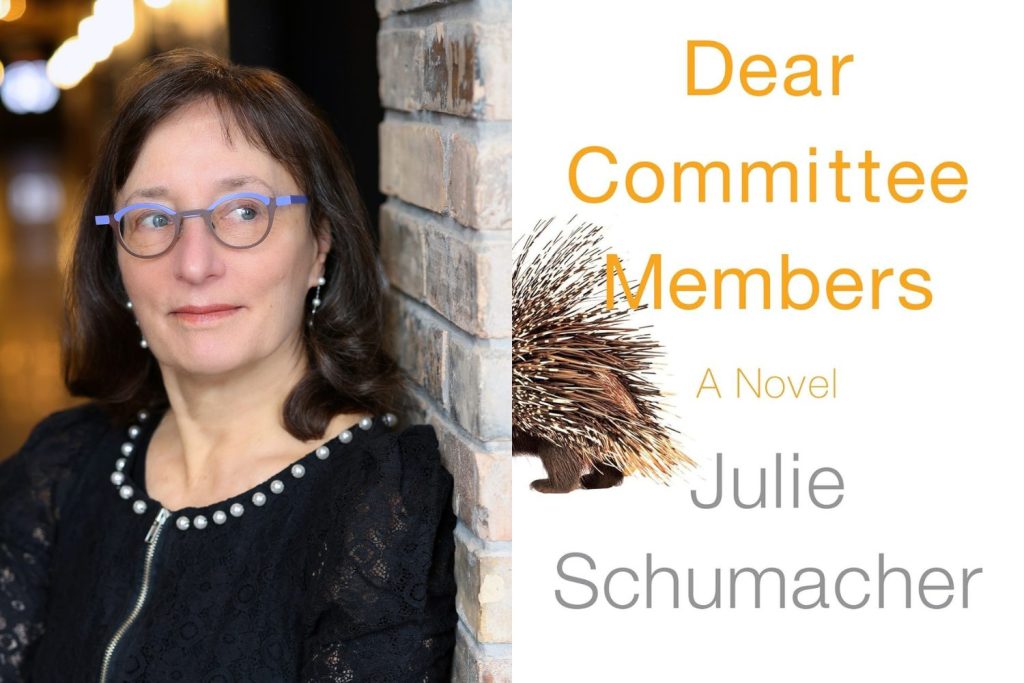 Author Julie Schumacher side by side next to the cover of her novel Dear Committee Members