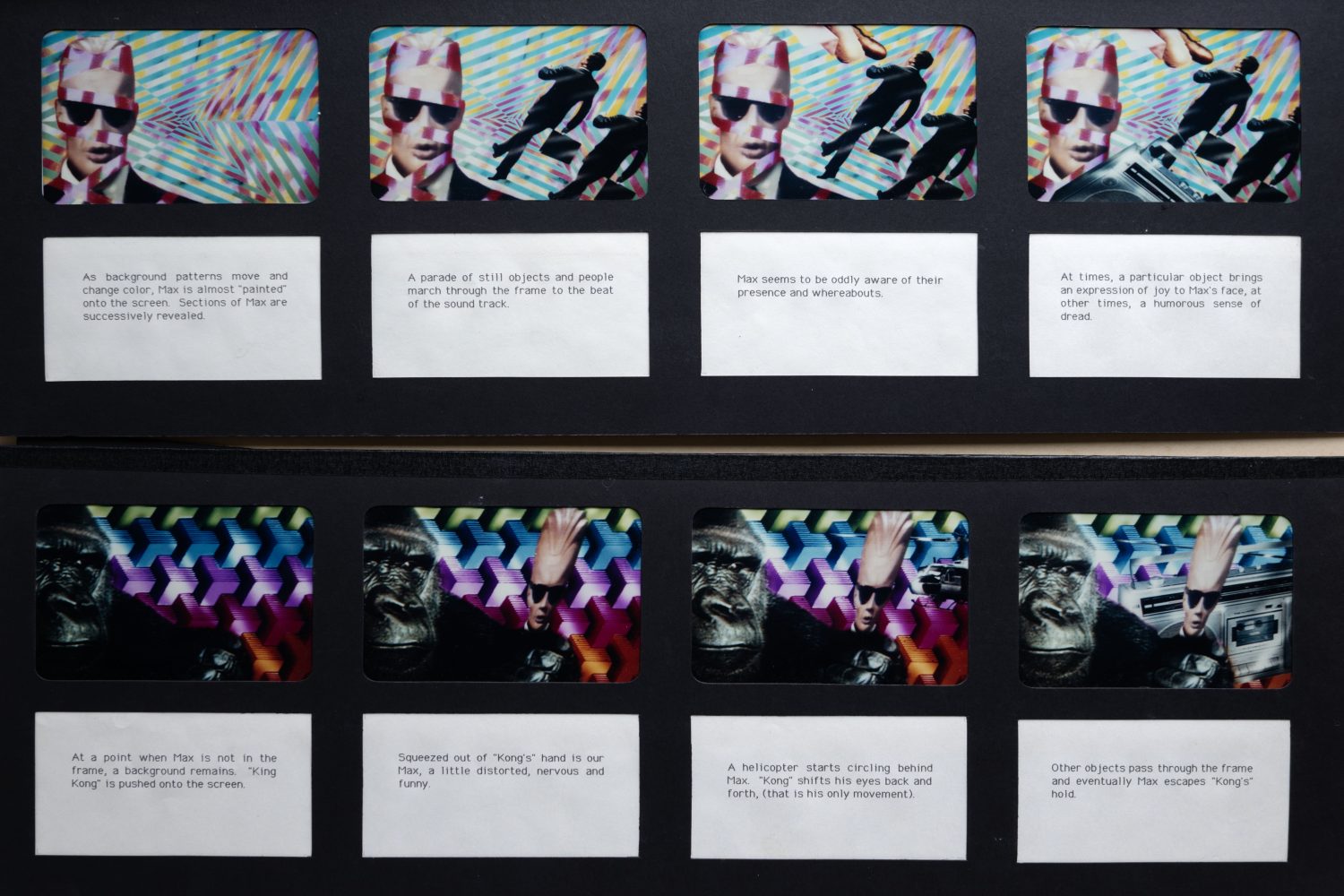 Slides of digital images, featuring a man in suit and sunglasses, King Kong, a stereo player.