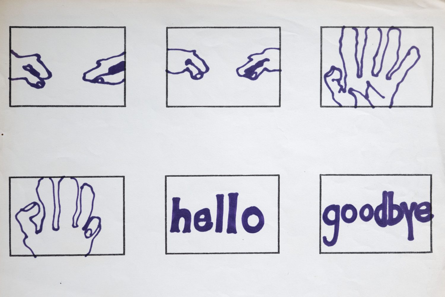 Six panels featuring hands touching, fingers raised, and the words "hello" and "goodbye."