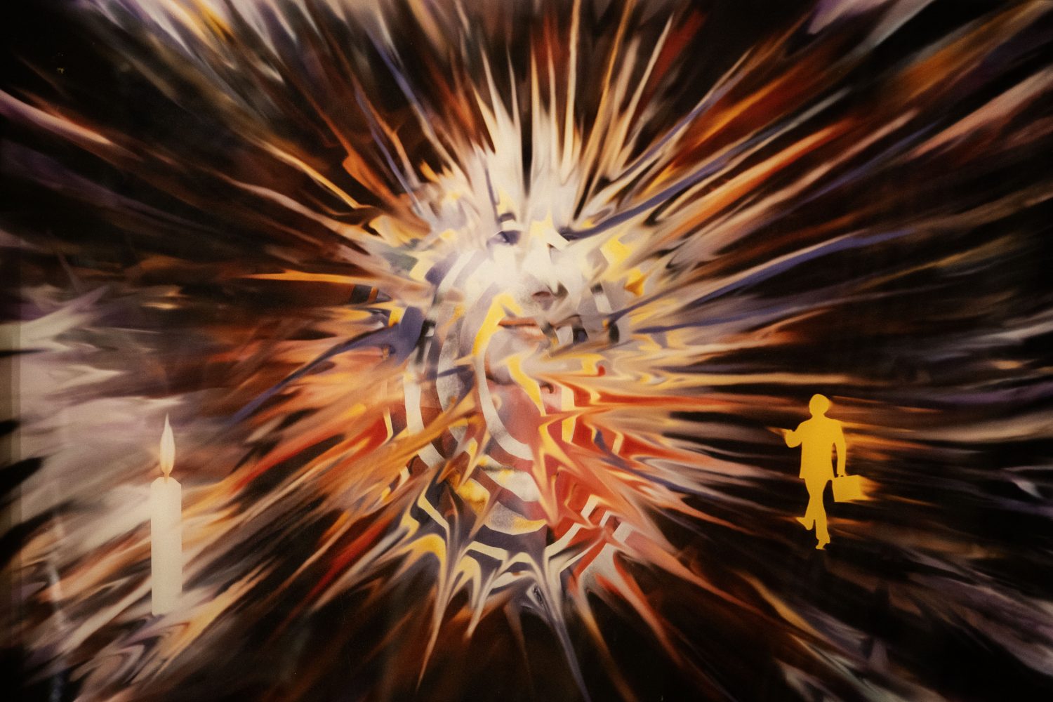 Yellow silhouette of a businessman approaches a large, floating face.