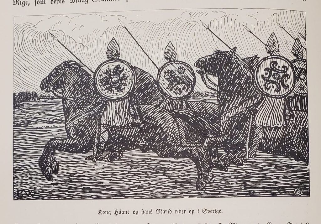 Woodblock image of knights with shields riding horses.
