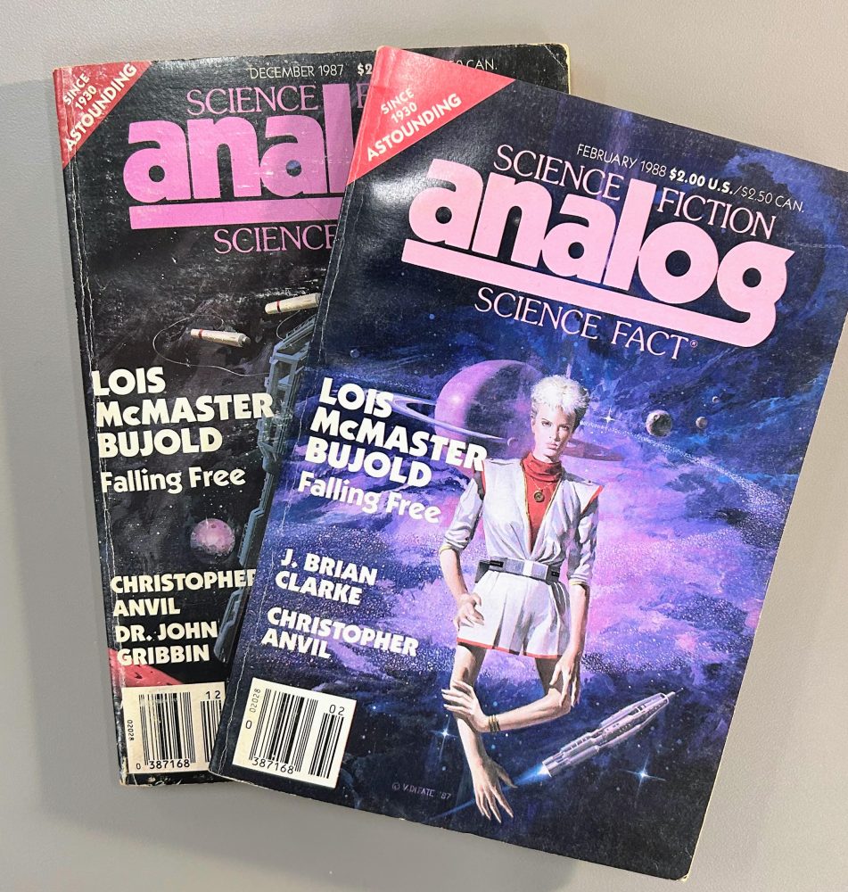 Science fiction covers featuring a woman in a tunic with arms and hands instead of legs and feet.