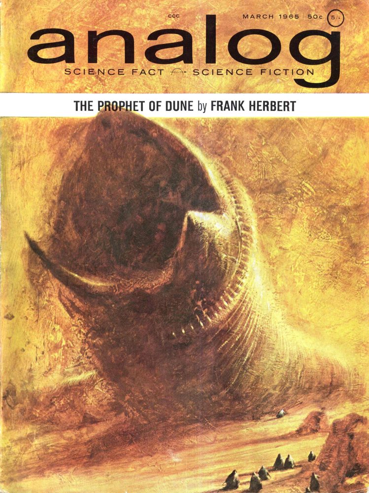 Science fiction magazine cover of a giant sand worm.