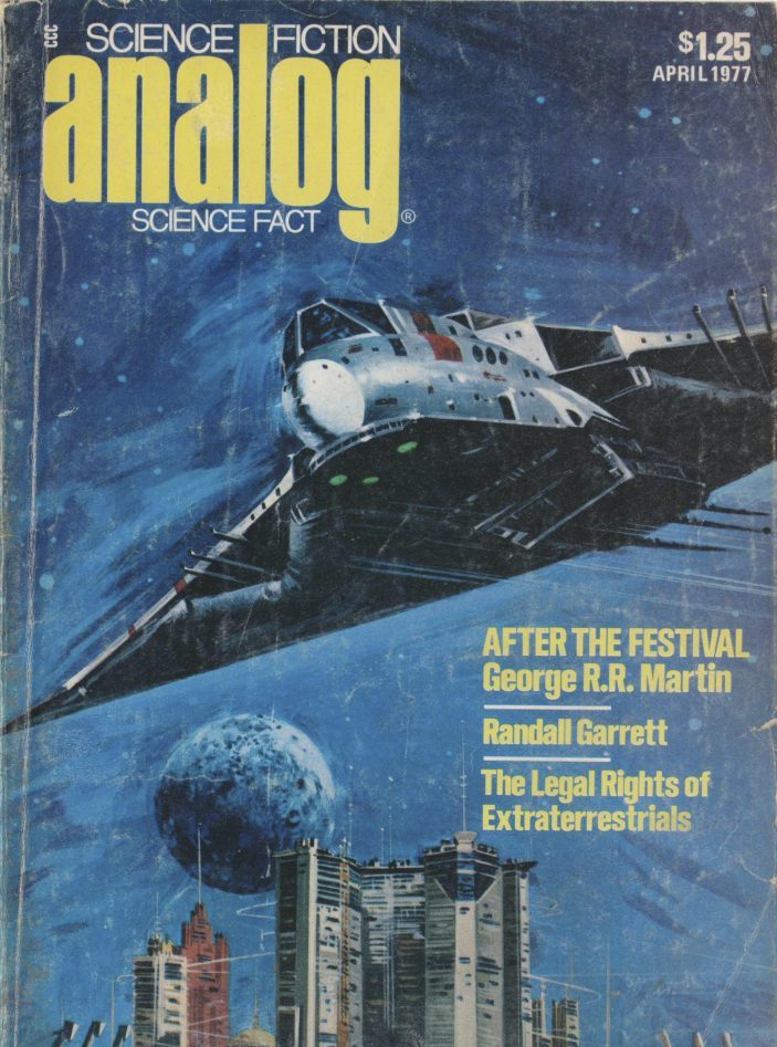 Science fiction magazine cover of a futuristic spaceship.